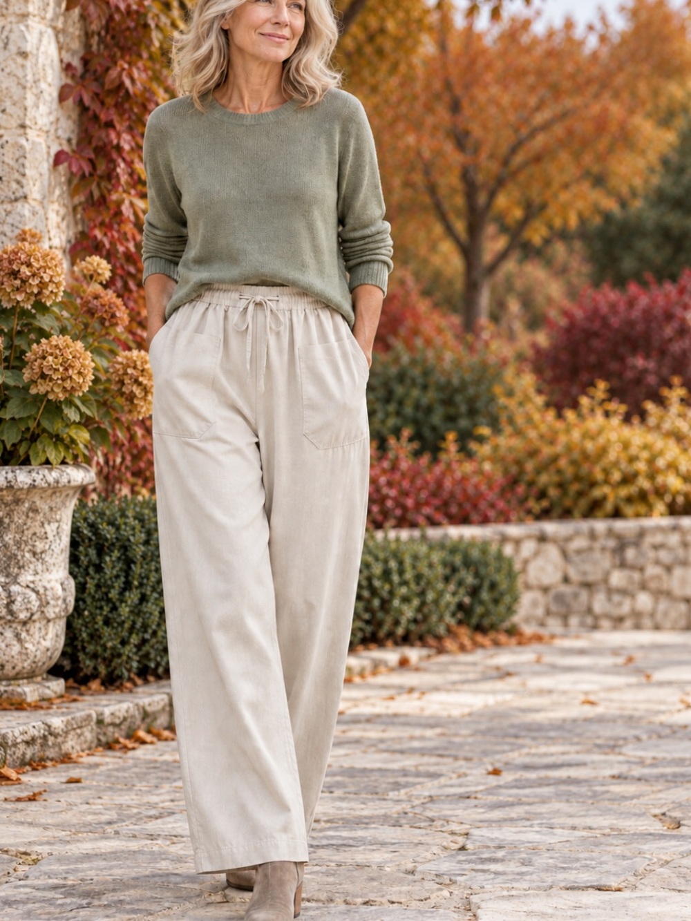 Relaxed Fit Linen Blend Pants in Light Beige
